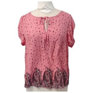 LUCKY BRAND Coral Pink Floral Tunic Blouse Size M Loose Scoop Neck Work Casual